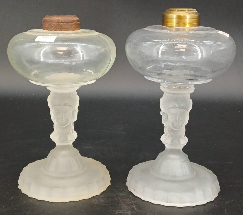 Pr. of Three Face Pattern Glass Kerosene Stand Lamps