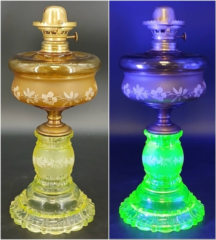 Vaseline Glass Oil Lamp with Floral Design