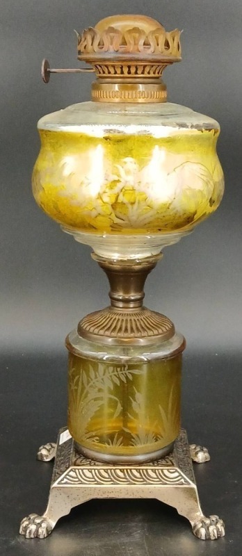 Etched Glass Oil Lamp with Ornate Metal Base