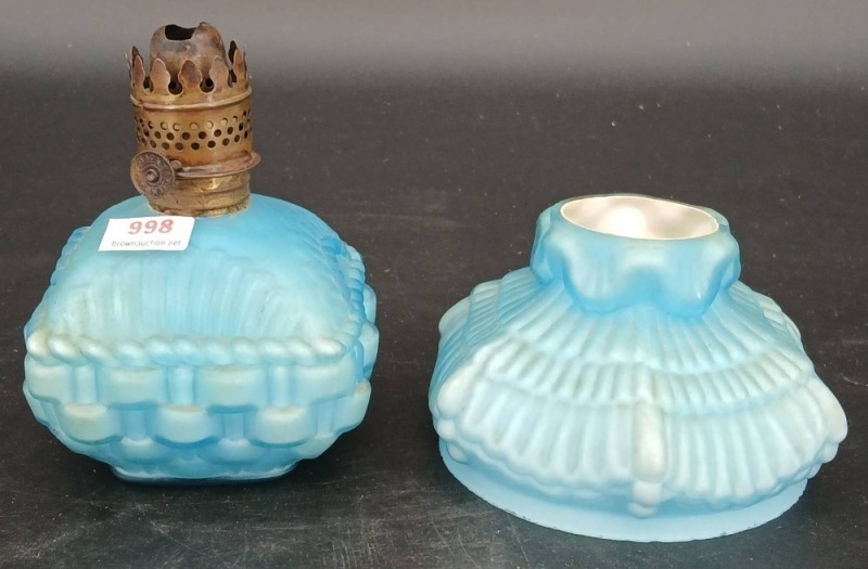 Blue Cased Glass Miniature Kerosene Lamp Base and Shade