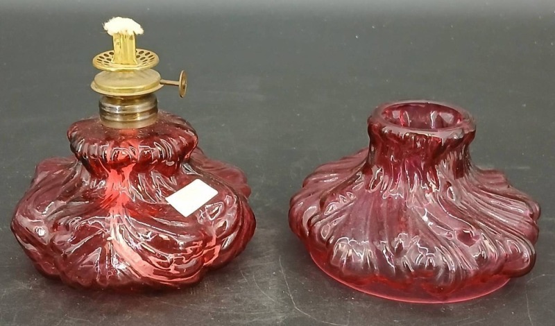 Victorian Cranberry Glass Puffy Plume Miniature Oil Lamp
