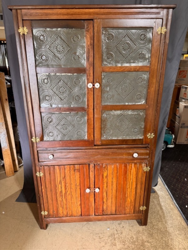 Wooden Pie Safe With Embossed Tin Panels