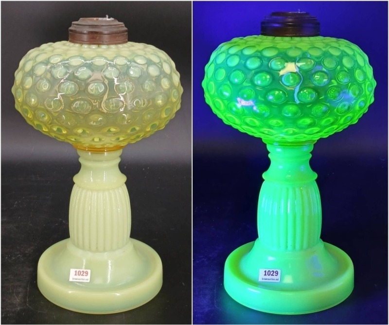 Vaseline Opalescent Glass Hobnail Oil Lamp