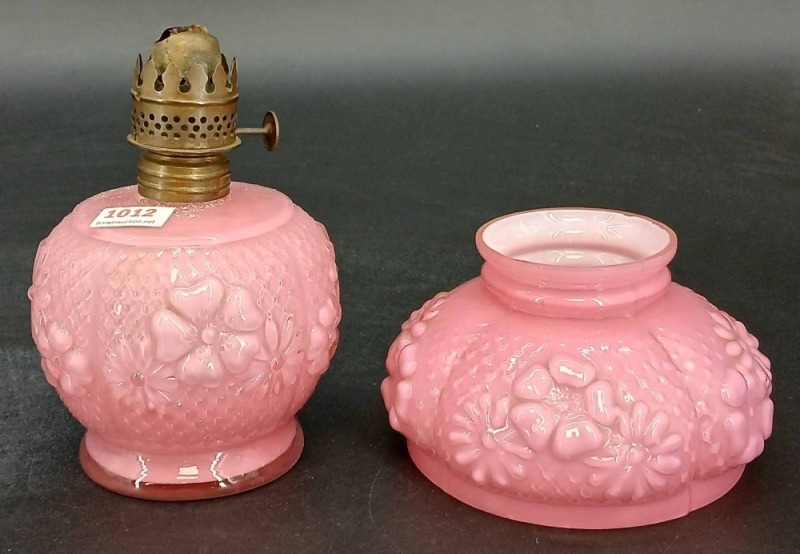 Miniature Pink Glass Oil Lamp in Cosmos pattern